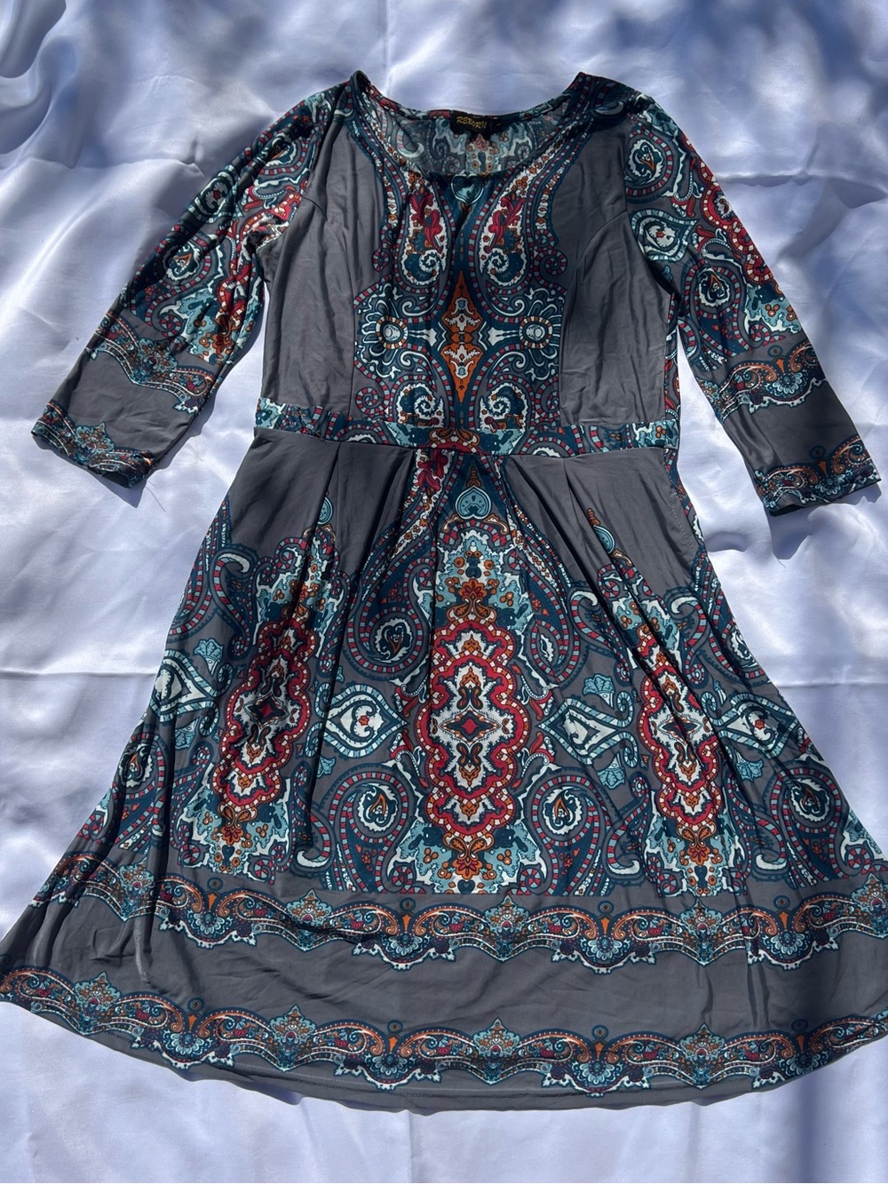 Reborn Grey Paisley Fit-and-Flare Dress with Teal & Red Accents